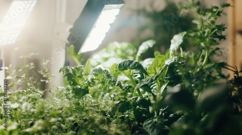 Futuristic indoor hydroponic urban farm showcasing vibrant leafy greens under bright LED lights for optimal plant growth