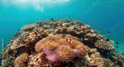 Wallpaper Mural Clownfish Swimming Around Anemone on Vibrant Coral Reef Underwater Scene Torontodigital.ca