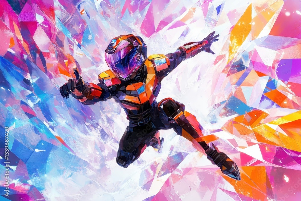 Obraz premium A brightly colored futuristic figure soaring through fractured light
