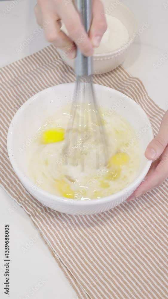 Batir preparado para budín. Mezcla de harina, huevos y más. Footage de cocina, postres, budín casero Batir preparado para budín. Mezcla de harina, huevos y más. Footage de cocina, postres, budín casero