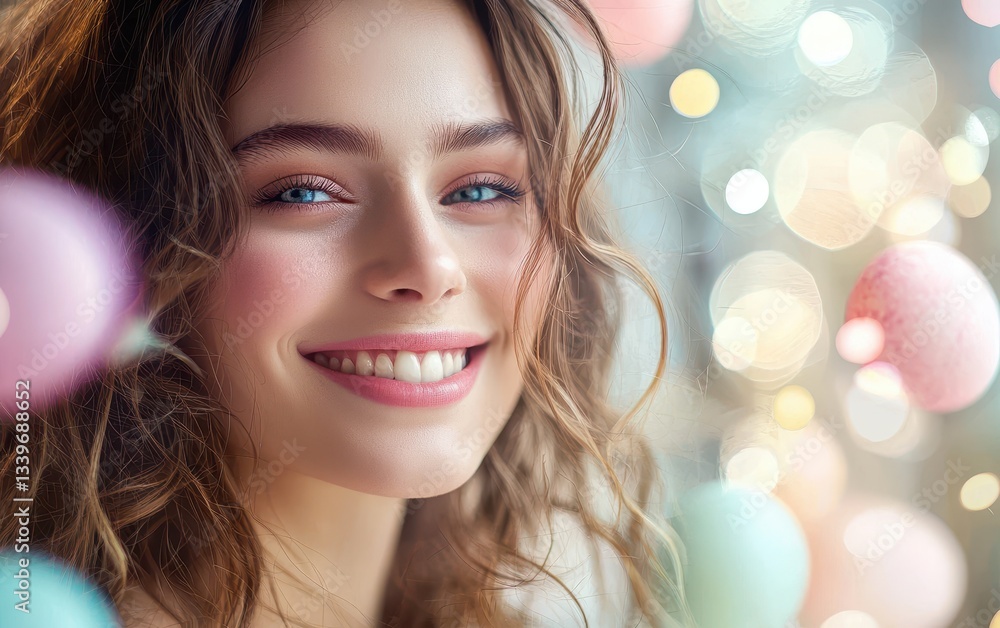 Charming woman with a relaxed, happy face and glowing skin, surrounded by softly blurred Easter pastels Charming woman with a relaxed, happy face and glowing skin, surrounded by softly blurred Easter pastels