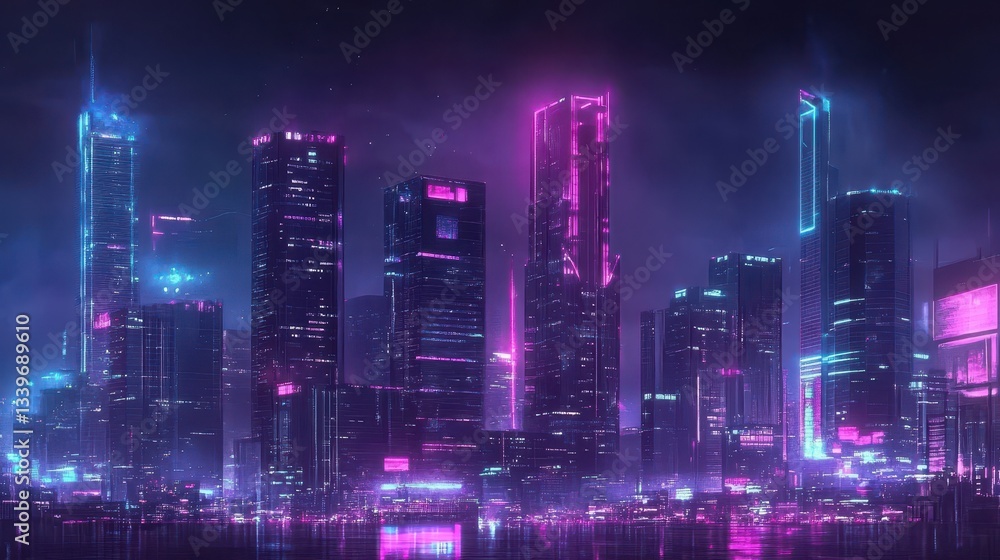 Fototapeta premium A futuristic cityscape glows brightly at night under a dark sky