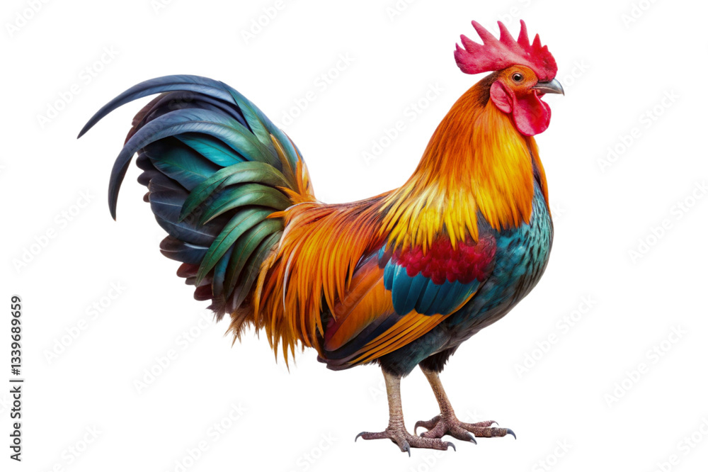 Fototapeta premium Colorful rooster standing isolated on a white background