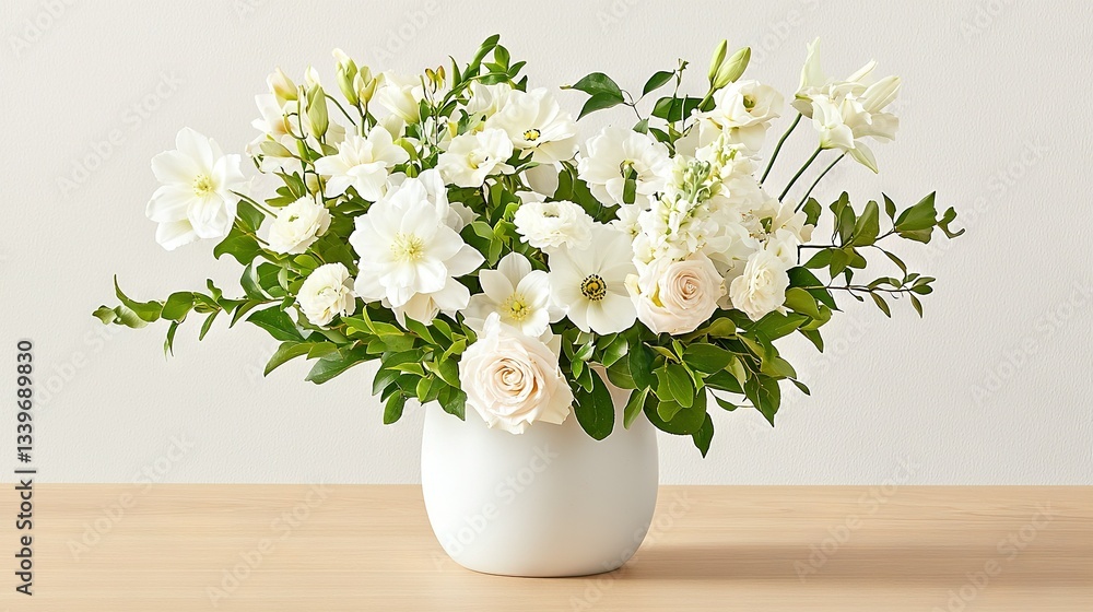A white vase brimming with an abundance of white blossoms adorns the wooden table, positioned against a pristine white backdrop A white vase brimming with an abundance of white blossoms adorns the wooden table, positioned against a pristine white backdrop