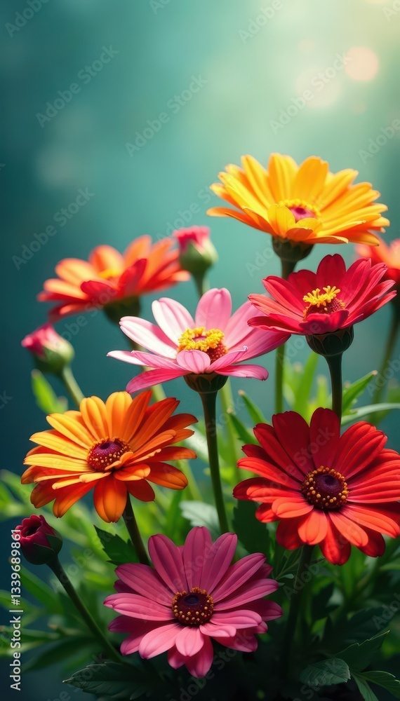 Sun-drenched zinnias, cosmos, and gerbera daisies, colorful blooms, flower garden, orange Sun-drenched zinnias, cosmos, and gerbera daisies, colorful blooms, flower garden, orange