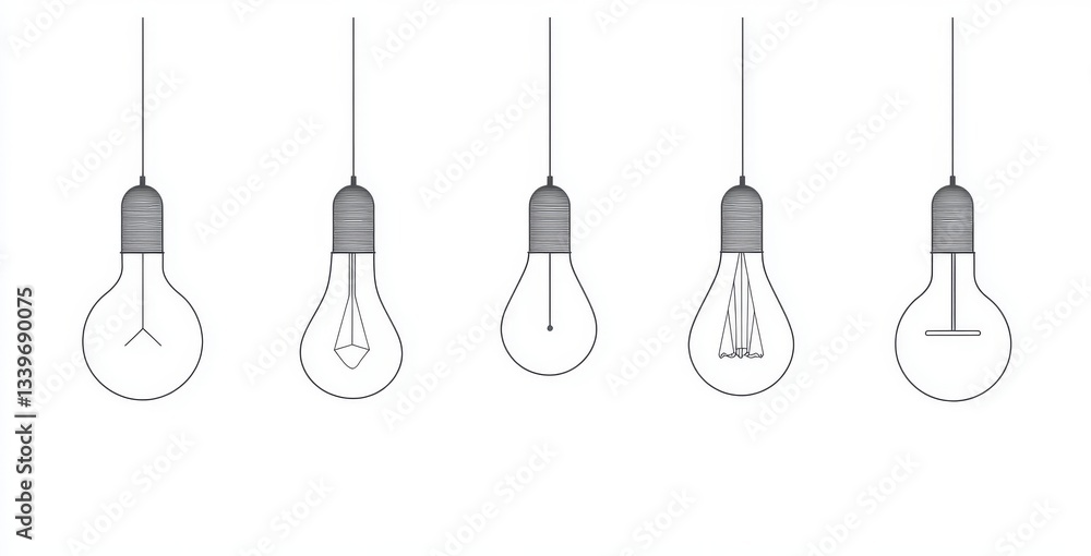 A series of one-line drawings of a loft lamp with lampshades A series of one-line drawings of a loft lamp with lampshades
