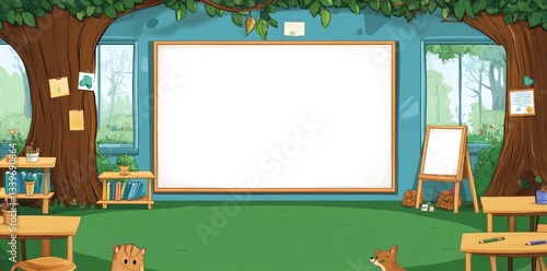 A whimsical classroom inside a tree with bright green foliage