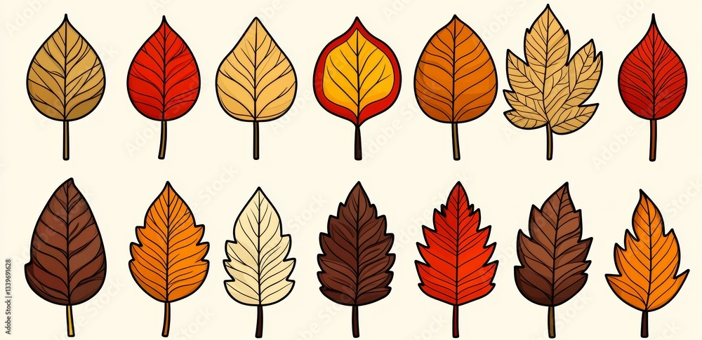 Obraz premium A collection of modern outline pictograms including young leaves from oak, elm, and ash trees, eco greens fertilizer, and symbols for autumn or fall in a garden