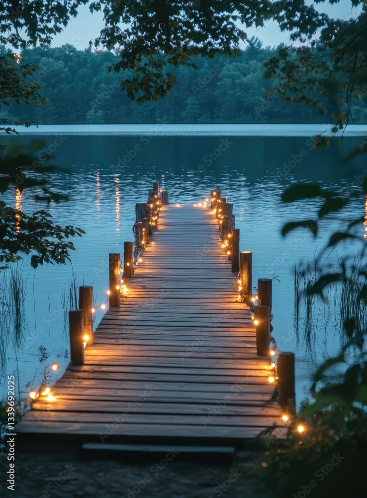 Obraz premium Wooden dock extending over a calm lake at twilight, illuminated by warm string lights. Tranquil, serene atmosphere