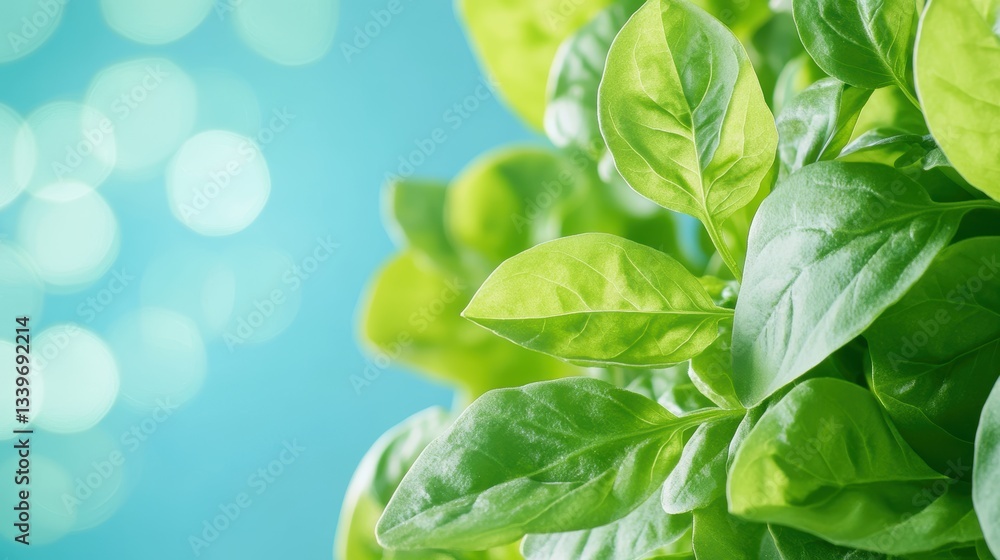 Obraz premium 鮮やかなバジルの葉が輝く青い背景で生活感あふれる室内植物の風景