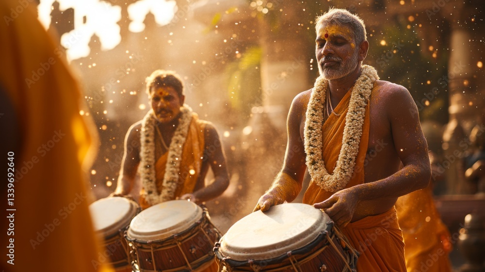 Indian Priests Playing Drums During a Festive Ritual Indian Priests Playing Drums During a Festive Ritual
