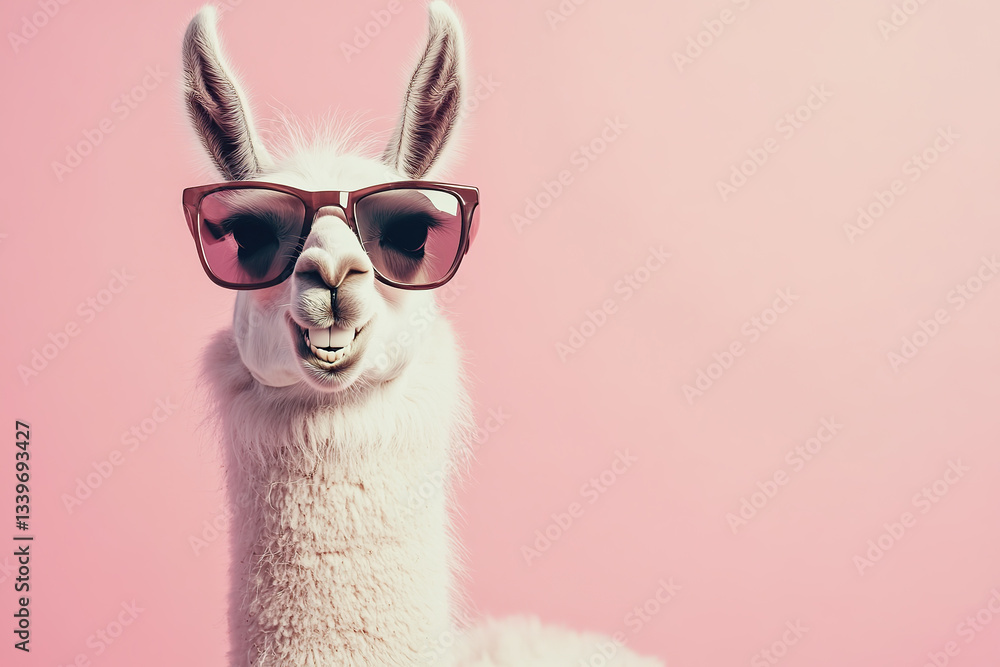 Portrait of beautiful llama with sunglasses on pink background