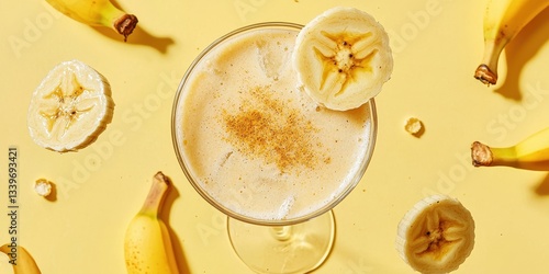 Floating banana daiquiri with banana slices and nutmeg dust on a pastel yellow background