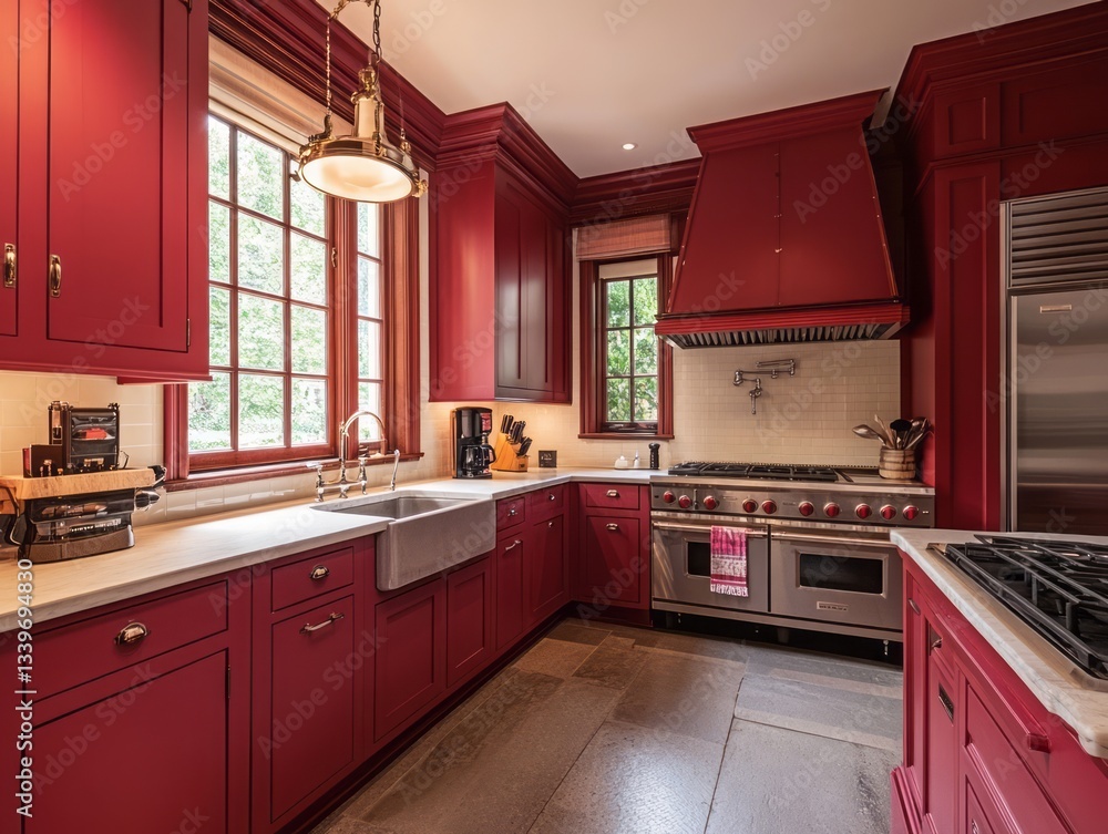 A well lit and elegantly designed red kitchen interior A well lit and elegantly designed red kitchen interior