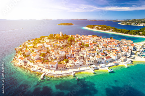 Obraz na płótnie Croatia. Scenic town and beaches of Primosten aerial panoramic sun haze view w salonie