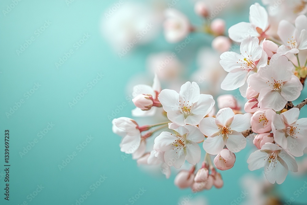 Easter Background, Easter Banner, Delicate Spring Cherry Blossoms on Aqua Background Soft Focus Floral Image Easter Background, Easter Banner, Delicate Spring Cherry Blossoms on Aqua Background Soft Focus Floral Image