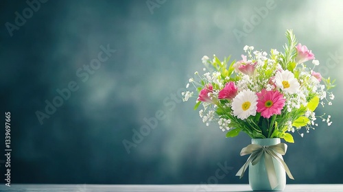 Wallpaper Mural   A pink and white bouquet in a vase with a bow on a wooden table against a blue background Torontodigital.ca