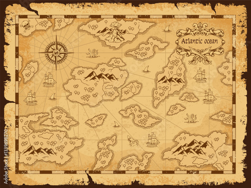 Historical treasure map of the Atlantic Ocean