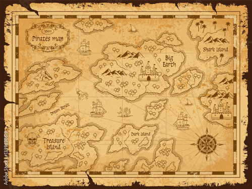 Detailed treasure map from 1860 showing islands
