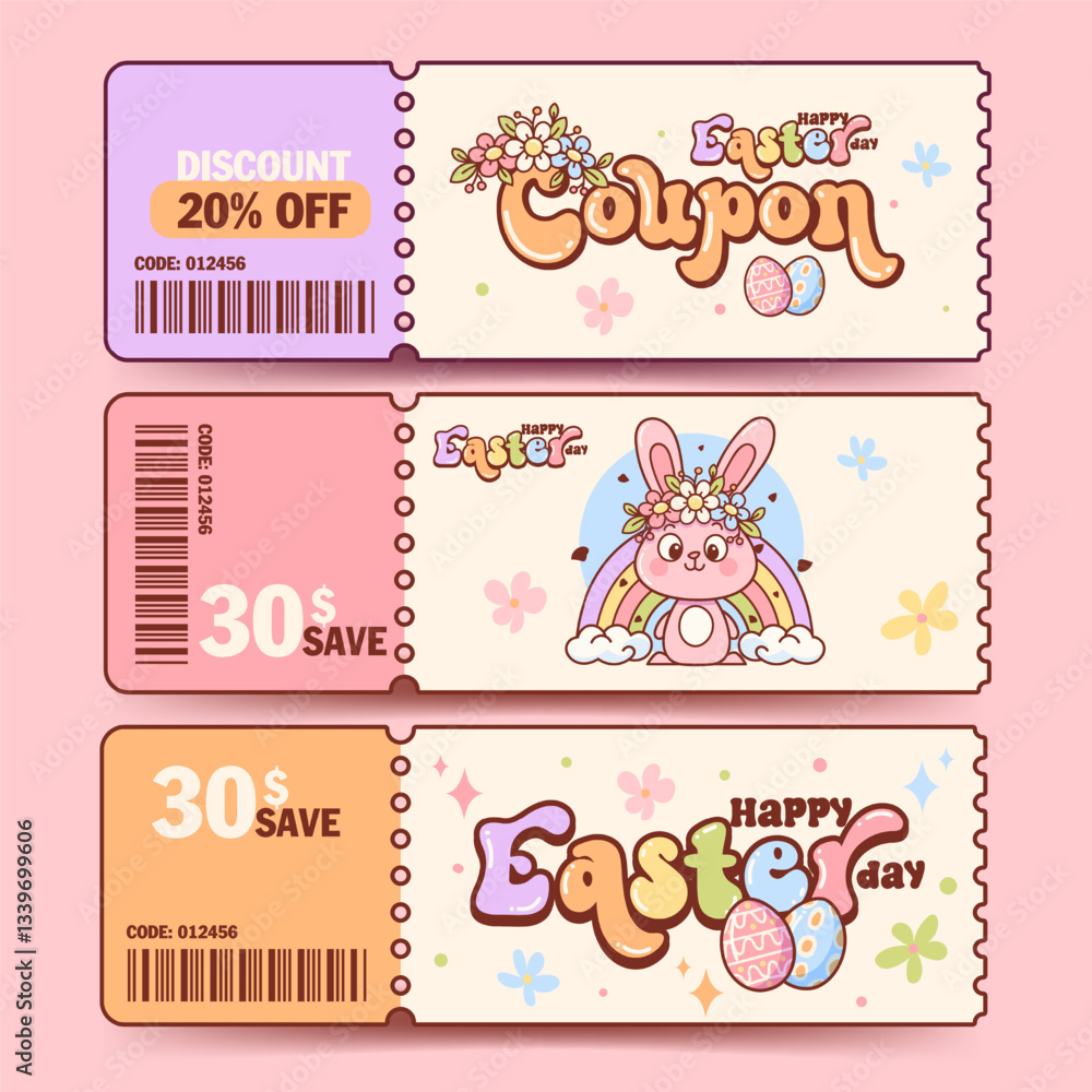 Fototapeta premium Colorful Easter Discount Coupons with Bunny and Eggs