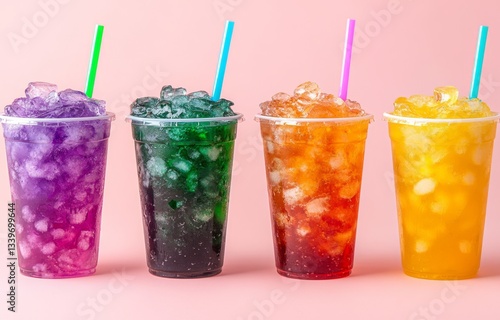 A vibrant, multicolored frozen juice cocktail in a plastic cup sits on a gradient background, with space left for text. This colorful slushie drink is the perfect refresher for summer