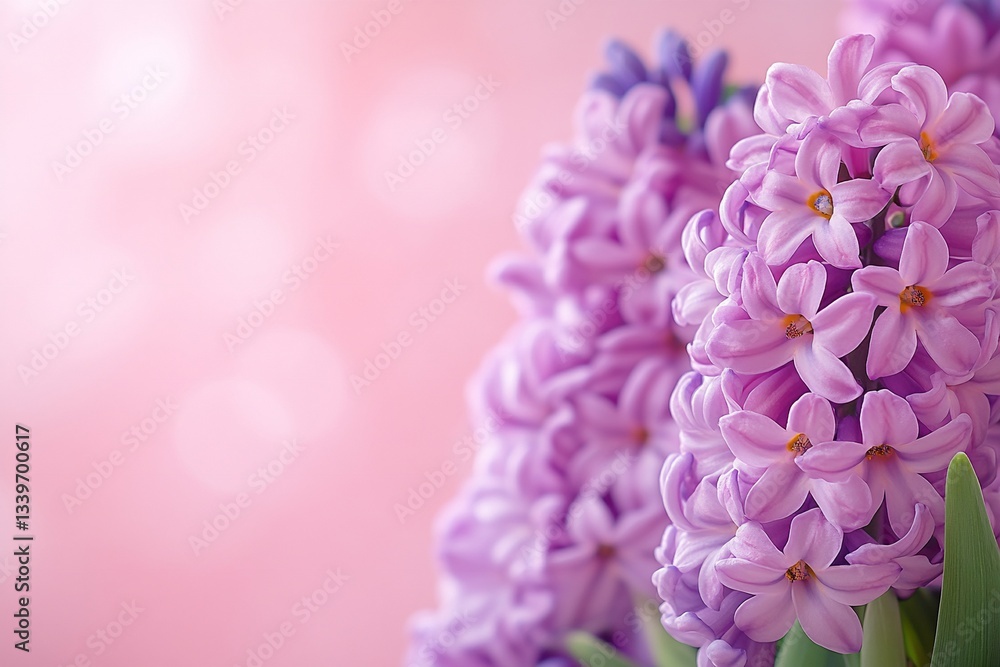 Fototapeta premium Easter Background, Easter Banner, Delicate Light Purple Hyacinths Close up on Pink Background Spring Floral Image