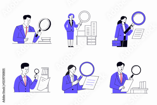 businessmen businesswomen using magnifying glasses examine documents data professional setting, career corporate success investigation