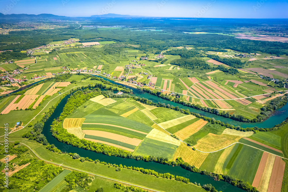 Aerial view of Korana and Kupa river mouth near town of Karlovac