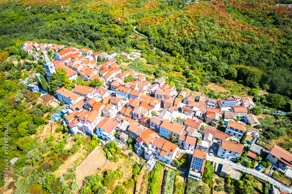 Historic town of Dobrinj in green nature aerial panoramic view, Island of Krk