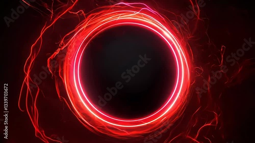 Red circle with a black center. The circle is surrounded by smoke. The smoke is red and it is glowing