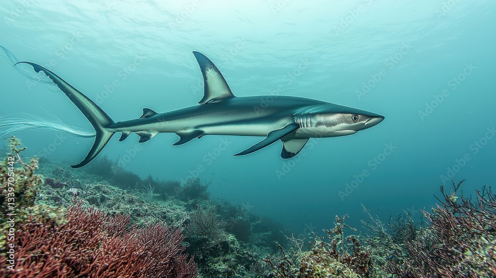 Fototapeta premium A magnificent thresher shark glides through the clear ocean waters, its long tail trailing gracefully.