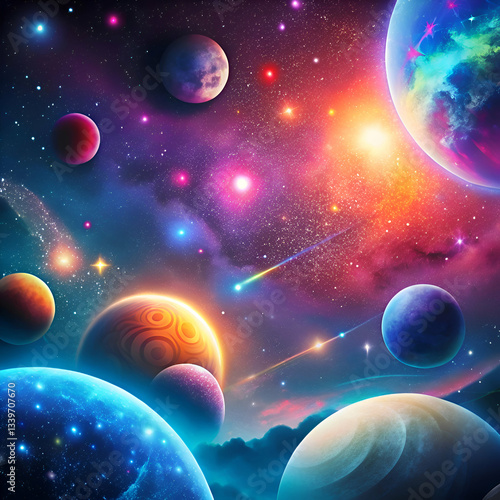 A colorful cosmic scene with planets. stars. and a shooting star.