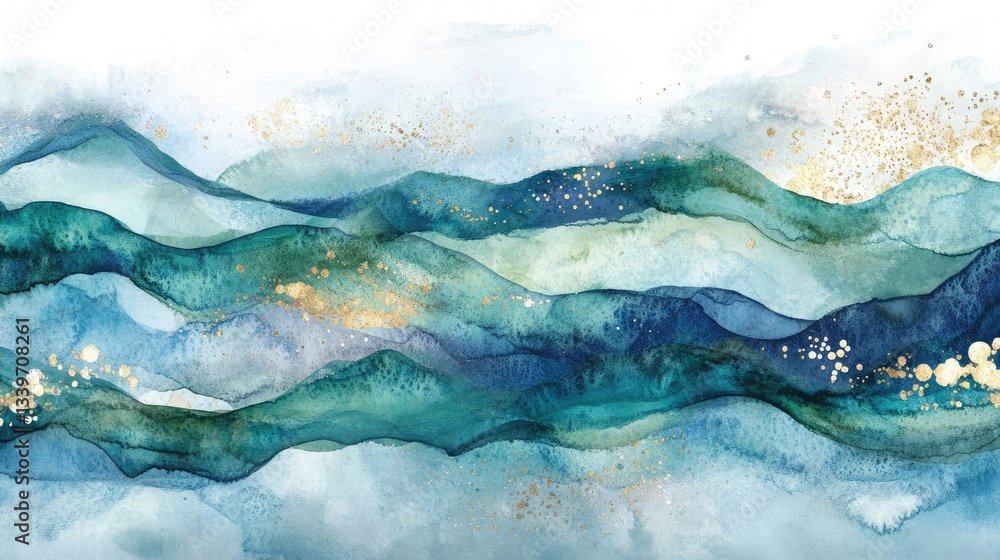 Abstract Watercolor Seascape With Blue Green Waves And Gold Accents Abstract Watercolor Seascape With Blue Green Waves And Gold Accents