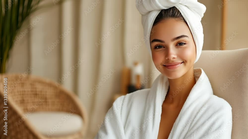 Elegant woman in bathrobe enjoying a spa moment. Elegant woman in bathrobe enjoying a spa moment.