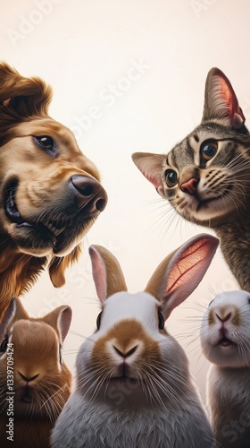 Curious dog, cat, and rabbits together in playful close-up on neutral background