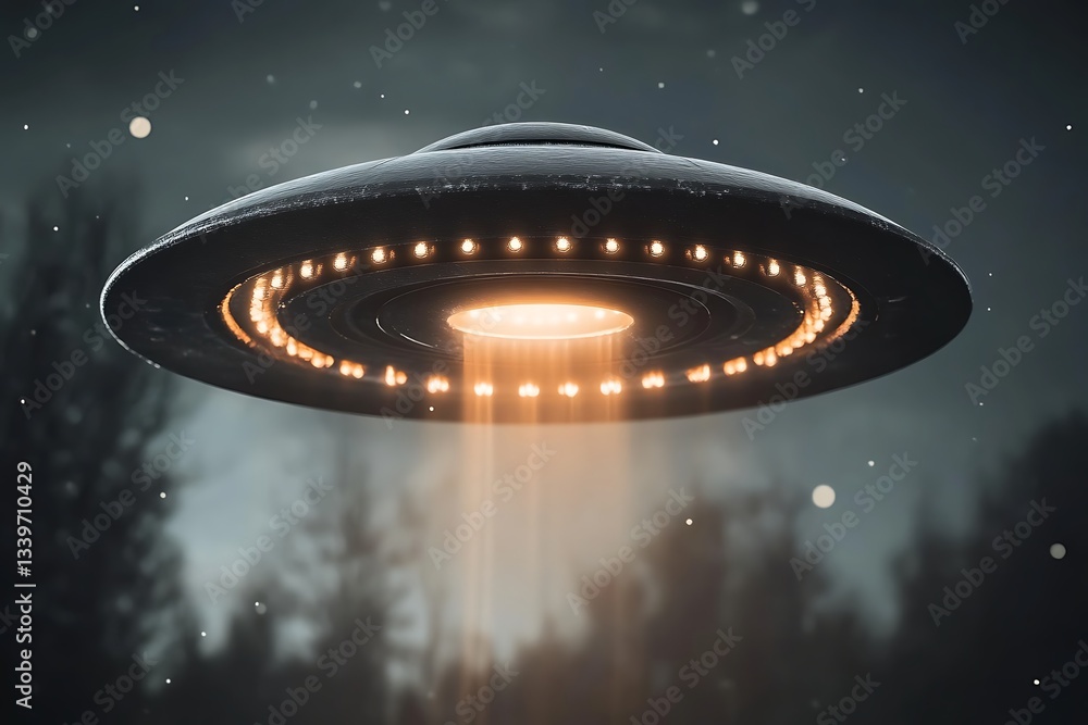 UFO Over Forest, Alien Encounter, Invasion, Night Sky UFO Over Forest, Alien Encounter, Invasion, Night Sky