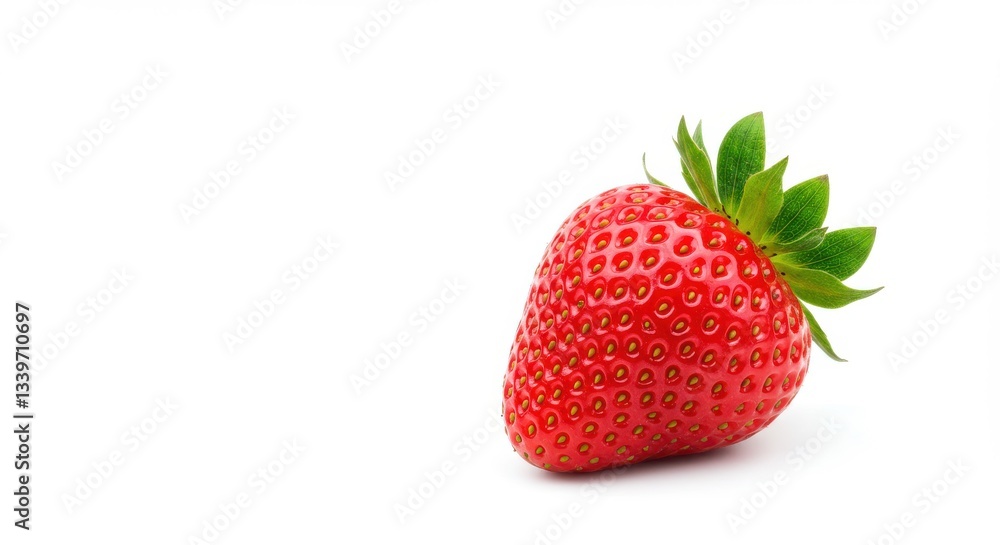 A single ripe strawberry with green leaves on a plain white background in a studio setting A single ripe strawberry with green leaves on a plain white background in a studio setting