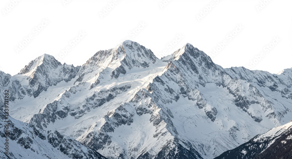 Snowy mountain range with three prominent peaks against a clear white sky in a winter landscape Snowy mountain range with three prominent peaks against a clear white sky in a winter landscape