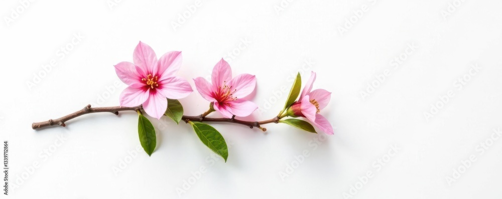 A single branch with flowers on a white background, photography, leaves