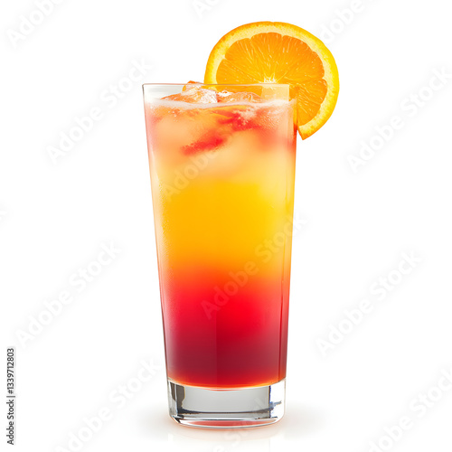 A tequila sunrise cocktail, beautifully layered with vibrant colors, garnished with an orange slice 