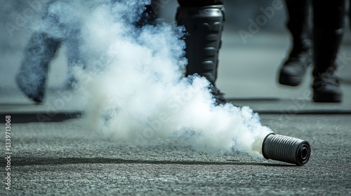 Tear gas emits smoke near law enforcement officers during a riot or protest.
