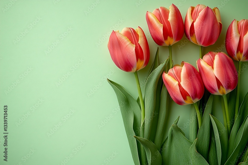 Fototapeta premium Easter Background, Easter Banner, Vibrant Red and Yellow Tulips Bouquet on a Green Background Spring Flowers