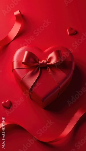 Heart-shaped chocolate box, red background, elegant ribbon , dessert, delight, elegant