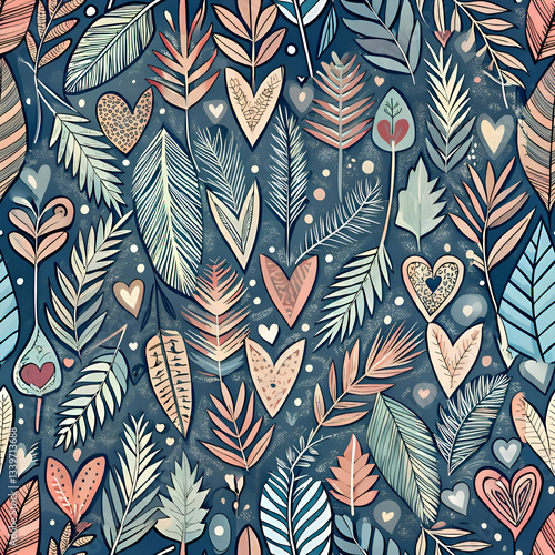 A Seamless Pattern of Leaves and Hearts in Blue and Pink Tones.