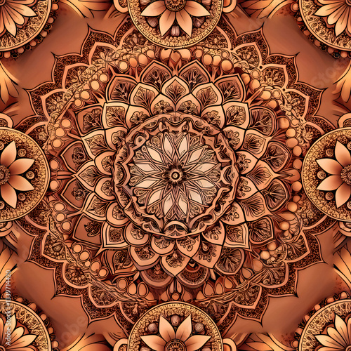 Intricate Copper Mandala Pattern with Geometric Designs.