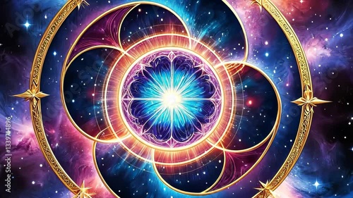 The harmonious circular pattern with abstract radiance creates a sense of balance and spirituality. It is used in yoga, meditation, esotericism, fashion design, relaxation industry, art therapy.