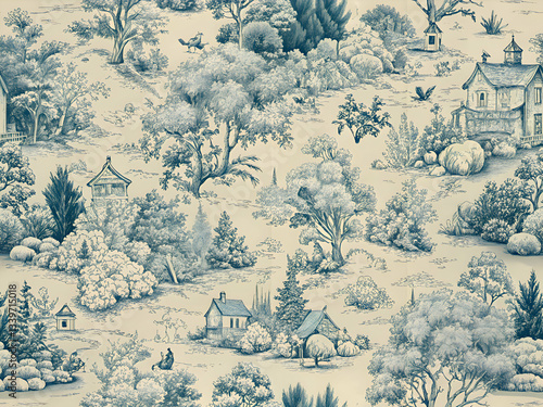 A charming blue and white toile pattern featuring houses. trees. and birds.