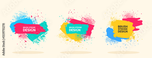 Vector illustration. Bright color dynamic banners set. Modern art graphic. Ink brush stroke frame with text. Paint splash and halftone dots. Design elements for poster, advertising, web template