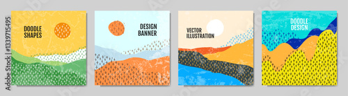 Vector illustration. Hand drawn backgrounds collection. Marker strokes. Hills with clear sky. Doodle childish landscape with line pattern shapes. Design elements for social media template, web banner