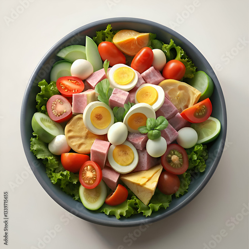 A colorful salad with eggs. ham. cheese. and vegetables.